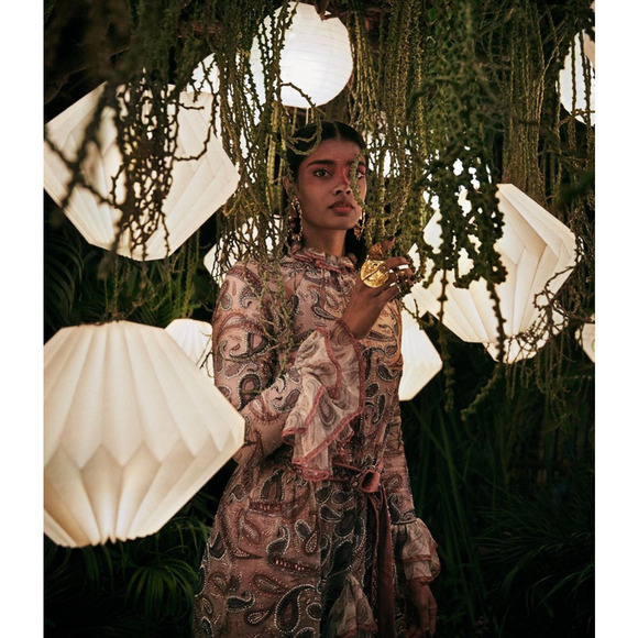 La Fuori Embroidered Sequin Paisley Silk Midi Dress Small – Ruffle Hem Rare Boho - Picture 3 of 11